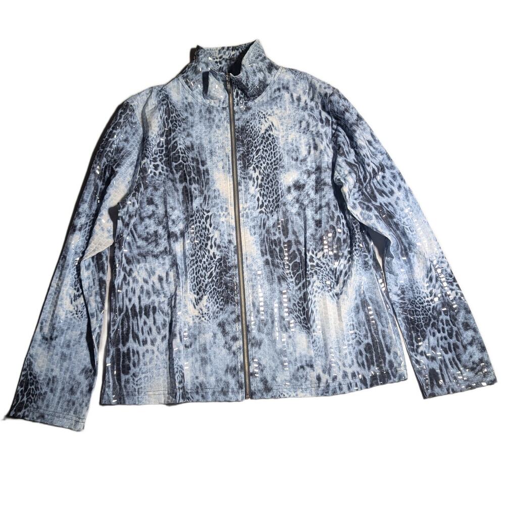 Vtg Y2K ELCC Blue Black Leopard Print Clear Sequin Mock Neck Zip Up Jacket M